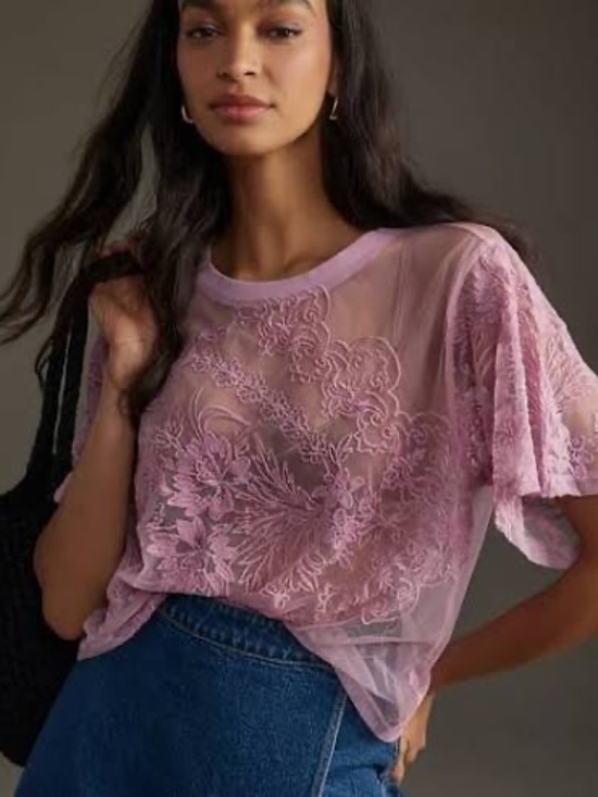 Anthropologie Tops - Anthropologie Women's Embroidered Sheer Lace Lavender Short Sleeve Top- XS